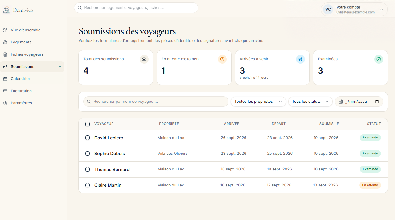 Interface Domivico : fiches voyageurs, logements et formulaires