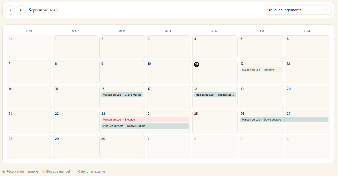 Calendrier Domivico : réservations, blocages et fiches voyageurs associées